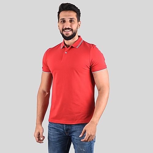 Men's Red Solid Cotton Polo