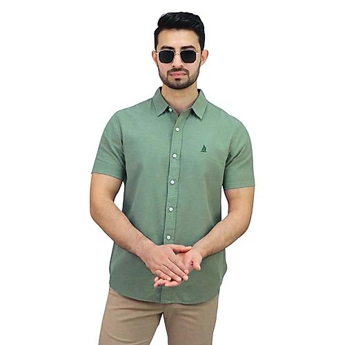 Men's Linen Short Sleeve Slim Fit Front Button Garment Wash Shirt