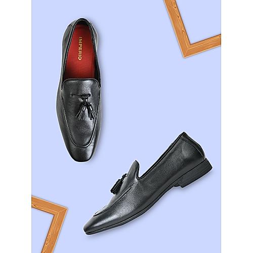 Imperio Black Mens Formal Leather Tasseled Slip On Shoes