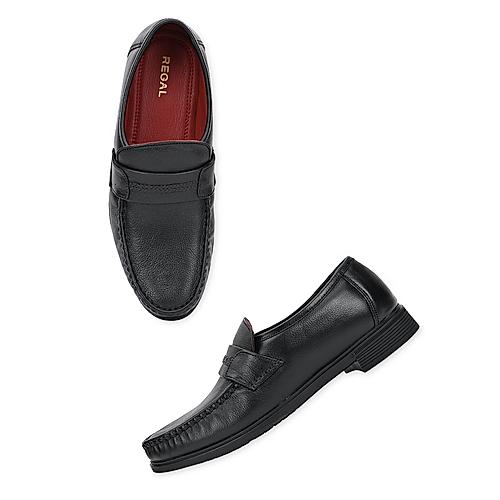 Regal Black Men Leather Saddle Slip On Shoes