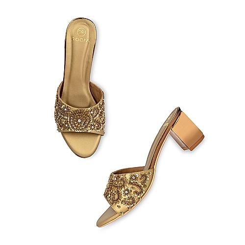 ROCIA Antique Gold Women Hand Embroidered Block Heel Sandals