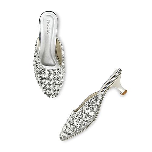 ROCIA Silver Women Hand Embroidered Jeweled Heel Mojris