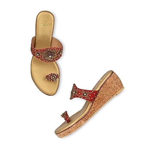 ROCIA Maroon Women Hand Embroidered Wedges