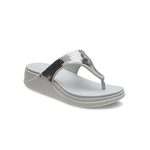 CROCS SILVER WOMEN BOCA SEQUIN WEDGE FLIP FLOPS