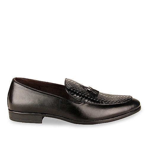 Imperio Black Men Formal Textured Leather Tassel Slip On Shoes