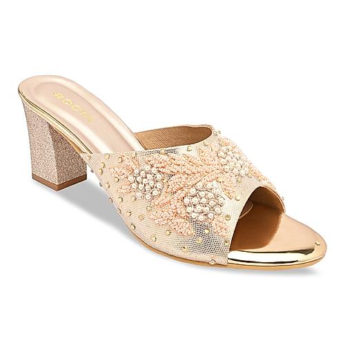 Rocia Rose Gold Women Hand Embroidered Block Heel Sandals