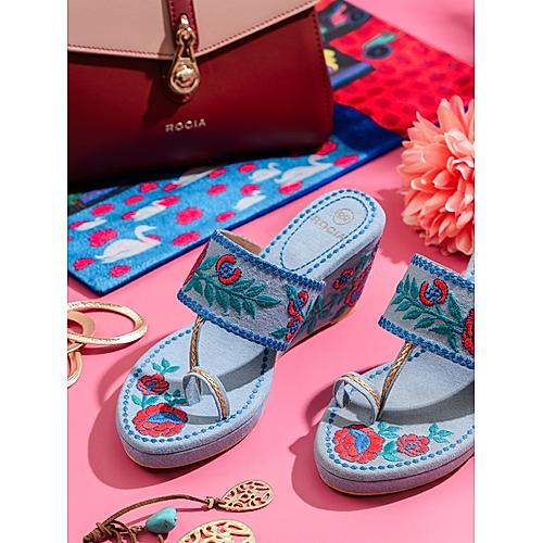 Rocia By Regal Blue Women Casual Embroidered Kolhapuri Wedges