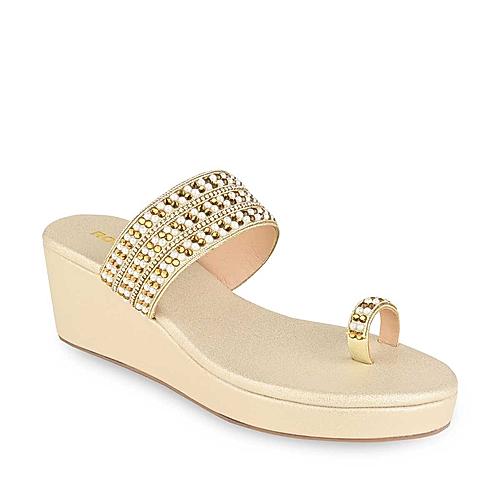Rocia Gold Women One Toe Pearl Embroidered Wedges