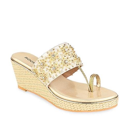 Rocia Gold Women One Toe Hand Embroidered Wedges