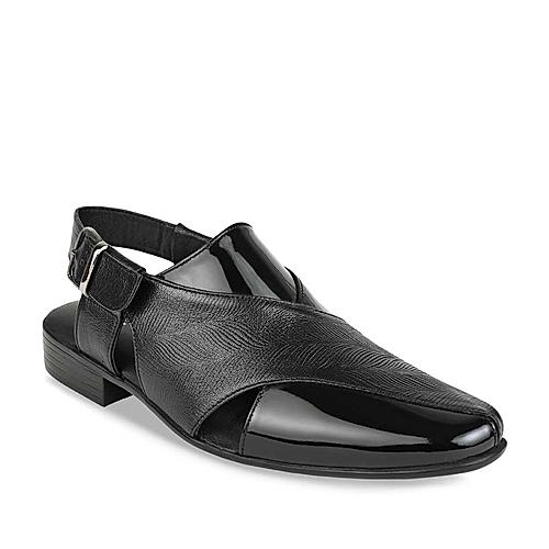 Regal Black Men Textured Leather Slip On Sandals