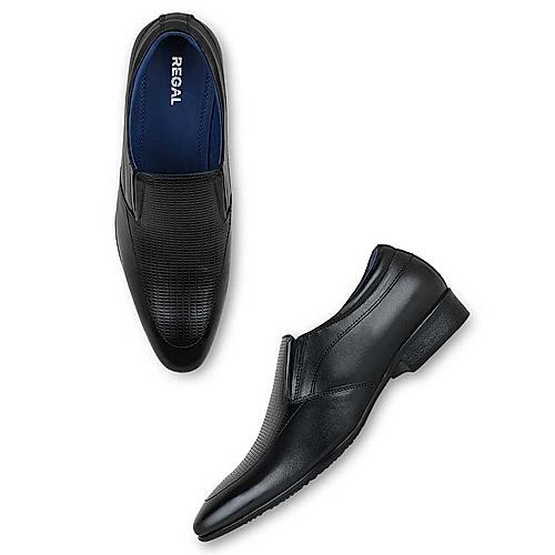 Regal Black Men Laser Cut Leather Formal Slip On Shoes