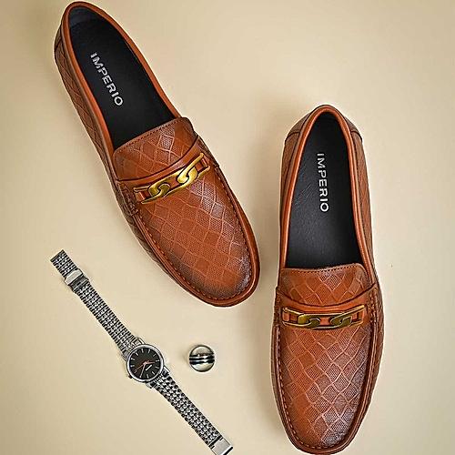 Imperio By Regal Tan Men Textured Leather Buckled Loafers