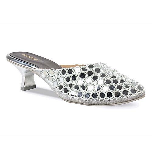 ROCIA SILVER WOMEN MIRROR WORK BLOCK HEEL MULE