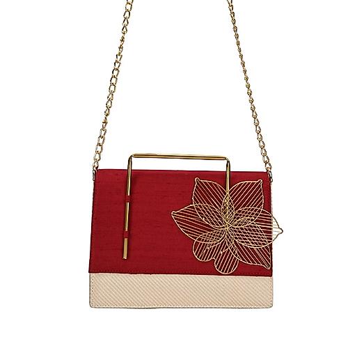 ROCIA Maroon Women Raw Silk Embellished Flower Handheld Bag