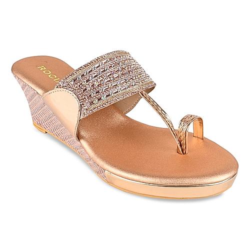 Rocia Rose Gold Women Embroidered Wedges