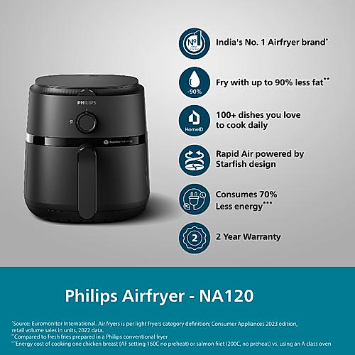 PHILIPS Air Fryer NA120/00, uses up to 90% less fat, 1500W, 4.2 Liter, with Rapid Air Technology (Black), Large