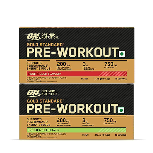 Optimum Nutrition (ON) Gold Standard Pre-Workout- 142.5g/15 single serve packs (Fruit Punch Flavor), For Energy, Focus, Power, Endurance & Performance and Optimum Nutrition Gold Standard Pre-Workout- 142.5g/15 single serve packs (Green Apple Flavor)