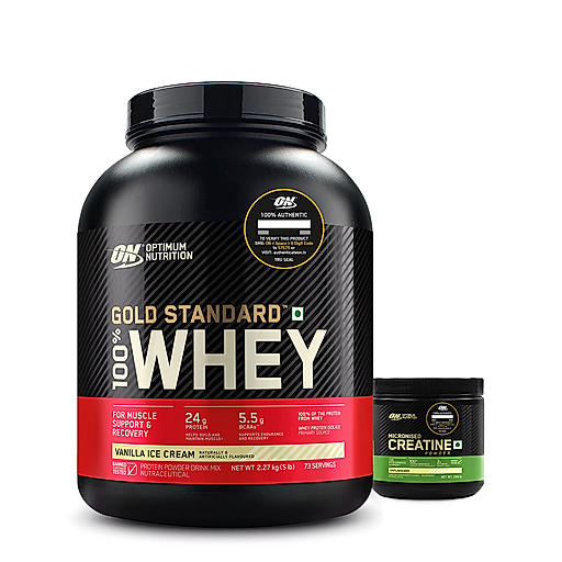 Gold Standard 100% Whey Protein Powder | Vanilla Ice Cream | 5 lbs and Micronised Creatine Powder | Unflavoured | 250 g