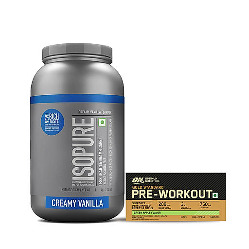 Isopure Whey Protein Isolate Powder with Vitamins for Immune Support |Creamy Vanilla | 1 Kg and Optimum Nutrition (ON) Gold Standard Pre-Workout- 142.5g/15 single serve packs (Green Apple Flavor), For Energy, Focus, Power, Endurance & Performance