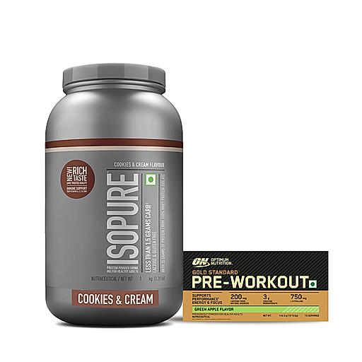 Isopure Whey Protein Isolate Powder with Vitamins for Immune Support |Cookies & Cream | 1 Kg and Optimum Nutrition (ON) Gold Standard Pre-Workout- 142.5g/15 single serve packs (Green Apple Flavor), For Energy, Focus, Power, Endurance & Performance