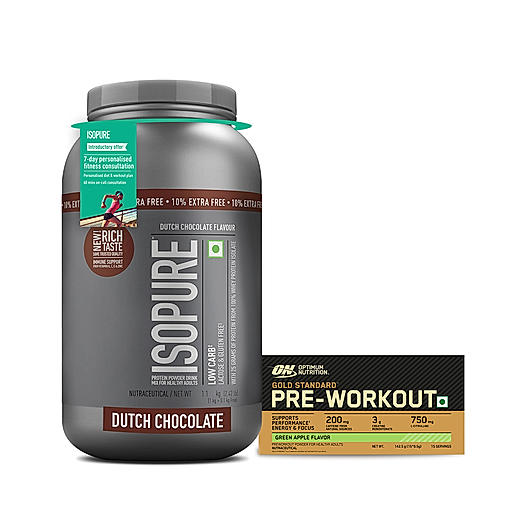 Isopure - Dutch Chocolate- 1Kg (Immune Support, Biotine) + 10% Extra Free and Optimum Nutrition (ON) Gold Standard Pre-Workout- 142.5g/15 single serve packs (Green Apple Flavor), For Energy, Focus, Power, Endurance & Performance