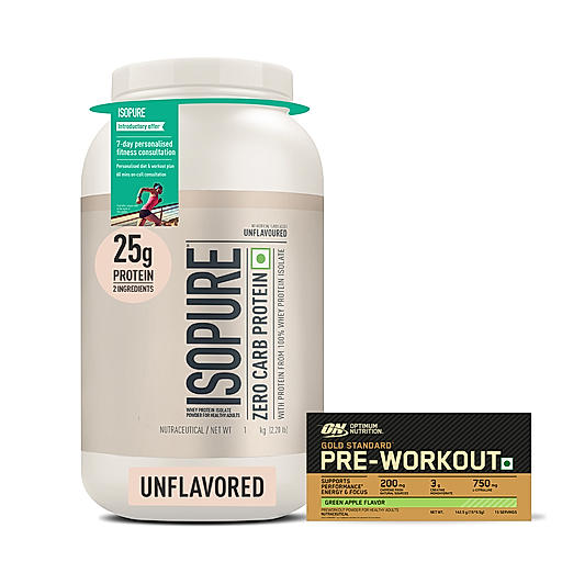 Isopure Zero Carb Protein– 2.20 lbs, 1 kg (Unflavoured) and Optimum Nutrition (ON) Gold Standard Pre-Workout- 142.5g/15 single serve packs (Green Apple Flavor), For Energy, Focus, Power, Endurance & Performance