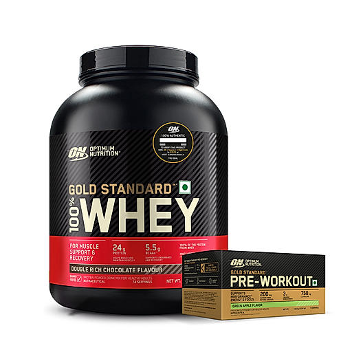 Gold Standard 100% Whey Protein Powder | Double Rich Chocolate | 5 lbs and Optimum Nutrition (ON) Gold Standard Pre-Workout- 142.5g/15 single serve packs (Green Apple Flavor), For Energy, Focus, Power, Endurance & Performance