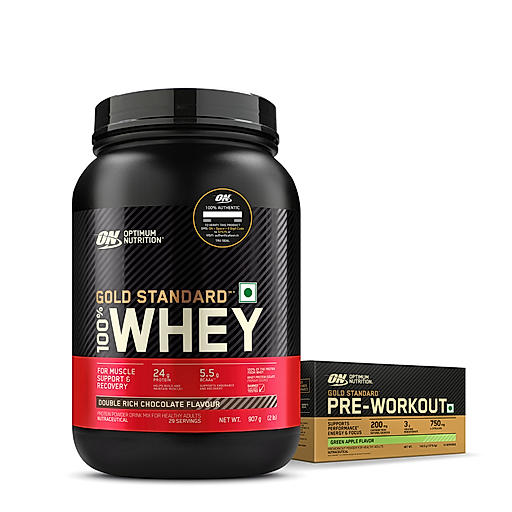 Optimum Nutrition (ON) Gold Standard Pre-Workout- 142.5g/15 single serve packs (Green Apple Flavor), For Energy, Focus, Power, Endurance & Performance and Gold Standard 100% Whey Protein Powder | Double Rich Chocolate | 2 lbs