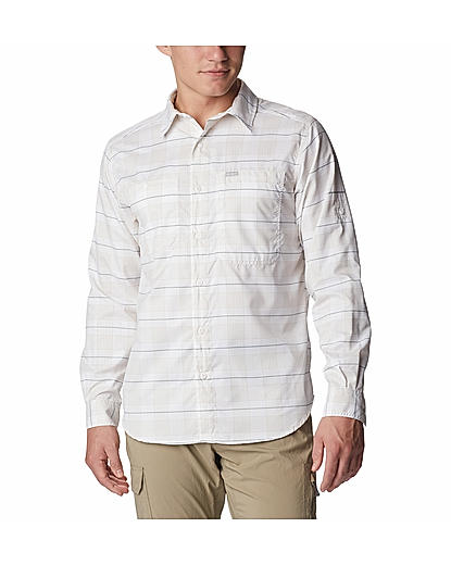 Columbia Men White Silver Ridge Utility Lite Plaid Long Sleeve Shirt (Sun Protection)