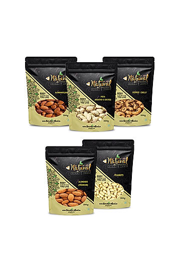 Pepper Cashew, Salted Pista, Salted Almond, Peanuts & Almonds - Nutty Mania (200 gms each)