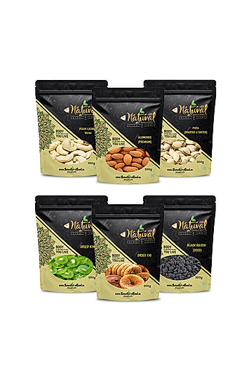 Almonds, Pistachoes, Cashews,  Black Raisins, Figs & Kiwi - Super Six (200 gms each)