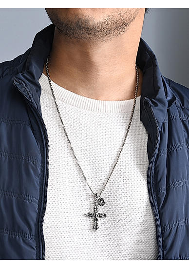 The Bro Code Silver Plated Skull Embossed Cross Pendant Necklace For Men