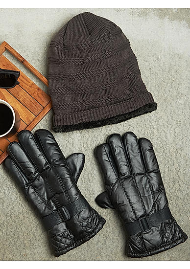 The Bro Code Winter Special Combo of 1 Brown Beanie and 1 Pair of Black Hand Gloves for men