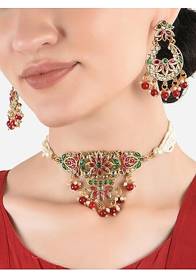 Fida Appealing Multi Gold Plated Floral Beads Pearl Ethnic Wear Alloy Jewellery Set For Women