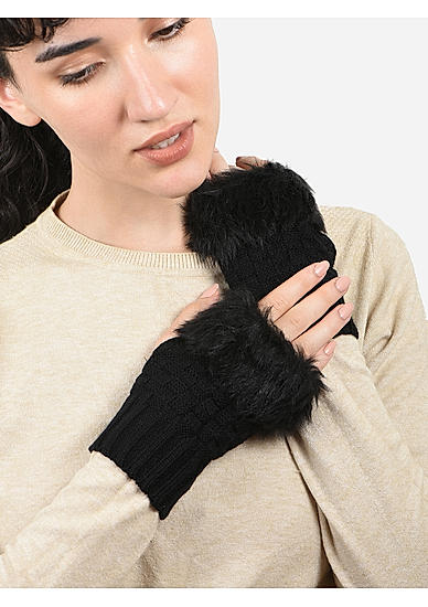 Toniq Sightly Black  Special Winter  Seasonal Wear Fur Glove For Women Pair