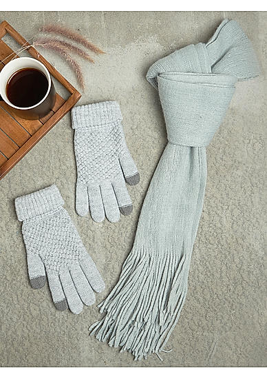 Toniq Stylish Grey Winter Special Combo of 1 Stole and 1 Pair of Full Fingers Hand Gloves for Women