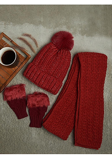 Toniq Stylish Red Winter Special Combo of 1 Beanie, 1 Stole and 1 Pair of Hand Gloves for Women