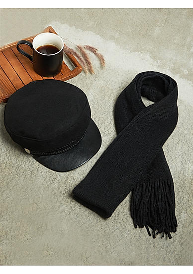 Toniq Stylish Black Winter Special Combo of 1 Cap and 1 Stole for Women