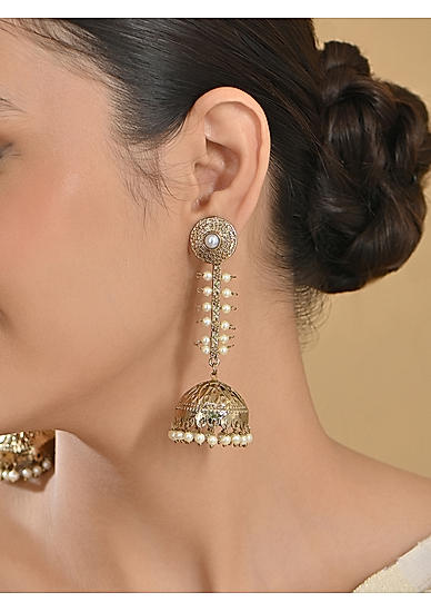 Fida White Ethnic Wedding Dome Shape Pearl Temple Women Jhumki Earrings