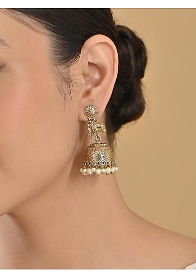 Fida White Ethnic Wedding Dome Shape Pearl Nandi Cow Temple Women Jhumki Earrings