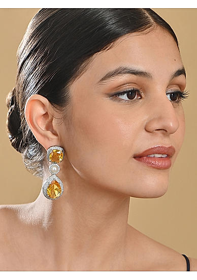 Fida Yellow Cocktail Party American Diamond Luxurious Women Drop Earrings