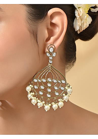 Mehendi Gold & White Kundan Pearl Drop Earrings