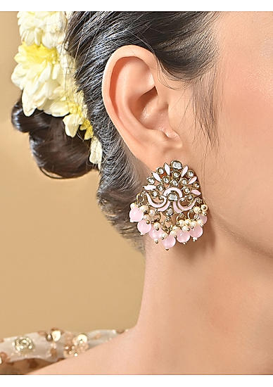 Baby Pink & Mehendi Gold Pearl Drop Earrings