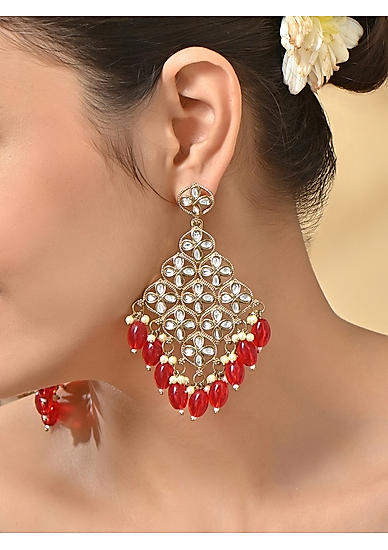 White & Mehendi Gold Kundan Pearl Drop Earrings