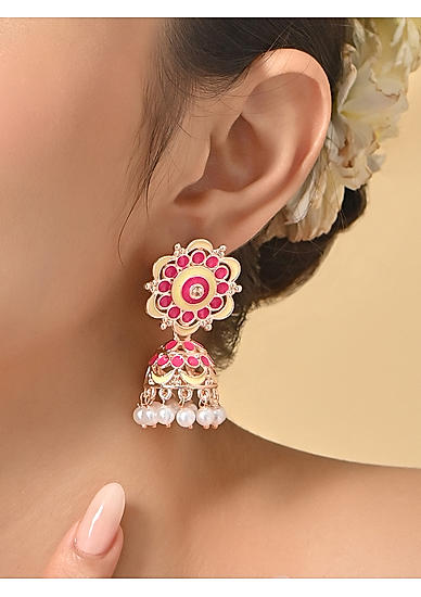 Women Pink & Gold Plated Floral Pearl Meenakari Jhumkas Earrings