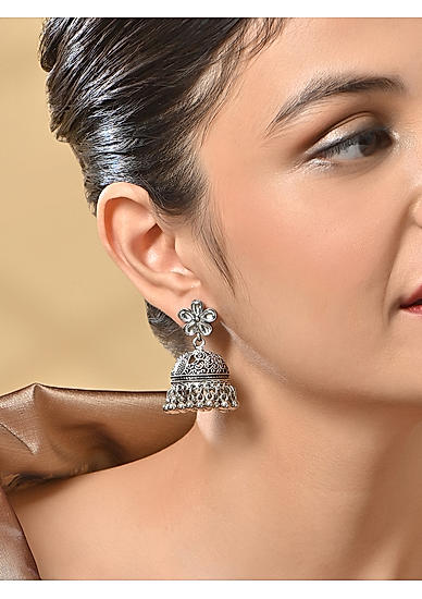 Women Oxidised silver Plated Kundan Floral Jhumkas Earrings