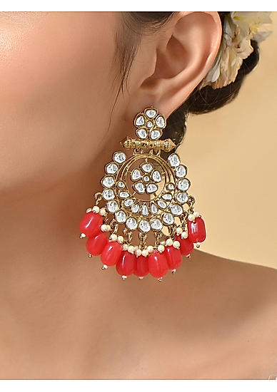 Women Wedding Mehandi Gold Maroon Kundan Pearl Drops Earrings