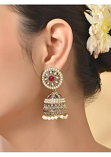 Women Gold Plated Multicolor White Pearls Temple Jhumkas Earrings