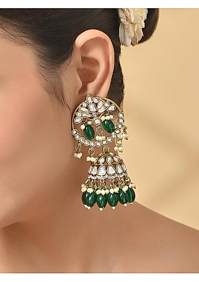 Women Green Bridal Kundan Jhumkas Earrings