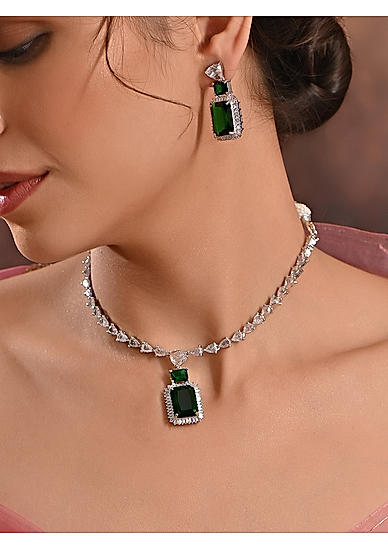 Fida Celebrity Inspired Emerald Silver Plated American Diamond Party Jewellery Set Women